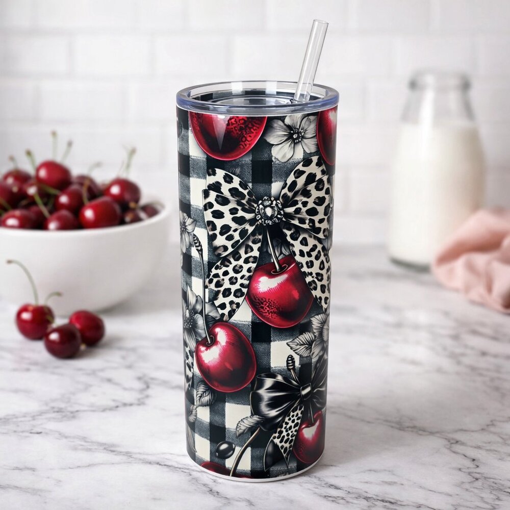 Rockabilly Cherry Leopard Bow 20 oz Skinny Tumbler | Retro Pinup Tumbler